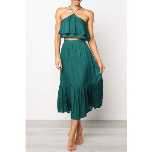 2 Piece Set Women Suits Summer Fashion Women Suspender Skirt Set Green Sleeveless Backless Female Two Piece Set Halter Tops Set