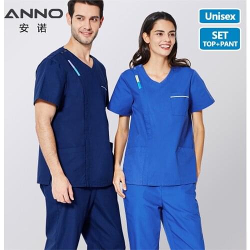 ANNO Scrubs Set with Contrast Color Nursing Scrub Suit Women Men Nurse Uniform Blue Clothing Clinic Uniforms
