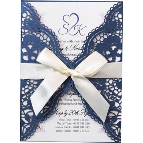 Lace wedding invitation flower laser gift card navy blue gold white customized printing 50pcs