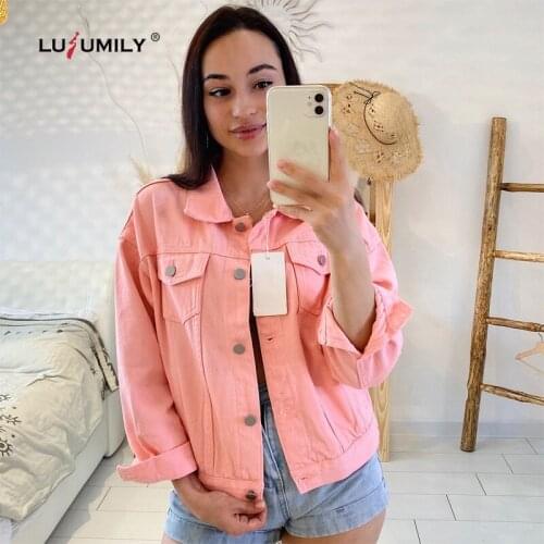 Lusumily Plus Size Denim Jacket Women Spring Autumn Short Coat Pink Jean Jacket Casual Top Female 5 Color Loose Cowboy Outwear