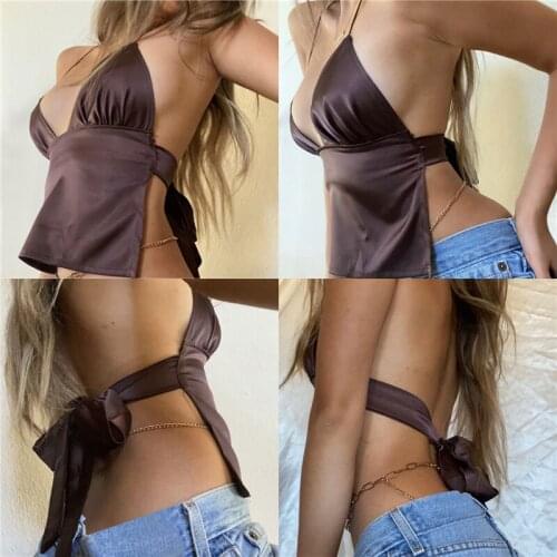 Summer Sexy Deep V-Neck Camisole Ladies Girls Chic Stylish Backless Tie-Up Solid Color Slim Wild Sling Tops for Vacation