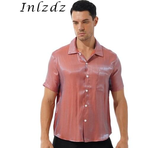 Mens Male Clothing Solid Color Button Down Tops with Pocket Fashion Shirt Glossy Turn-down Collar Short Sleeve Shirt Loose Tops