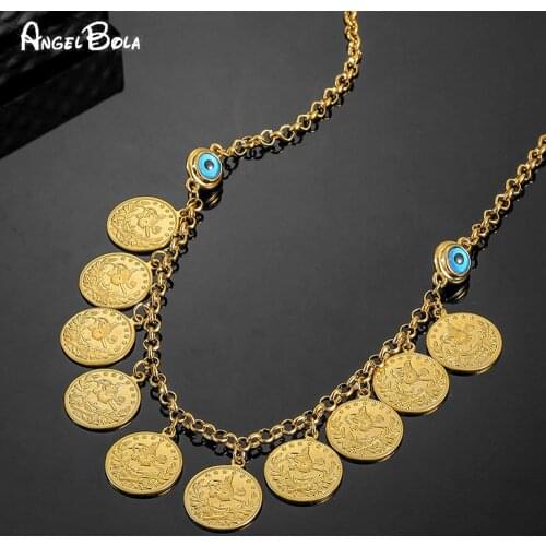 Unfading Muslim Islamic Gold Coin New Turkish Women Charm Necklace Blue Magic Eye Necklace Set Luxury Jewelry Holiday Gift