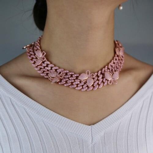 New arrived Butterfly Pendant 12mm Rose Gold Cuban Chain Cubic Charm Pink Tennis Chain Necklace Women Hip Hop Jewelry Gift