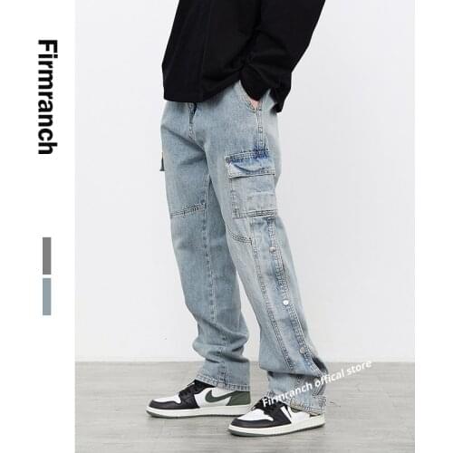 Firmranch New Men/Women Black&Blue Jeans For Men 2021 High Street Stacked Jeans Bottons Boyfriend Vibe Pants Moto Trouse