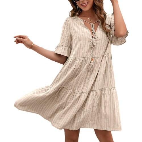 Summer Women Clothing Casual Short Sleeve Lace Up Mini Dress Fashion Deep V-neck Solid Loose Tassel Dresses For Women 2021 Robe
