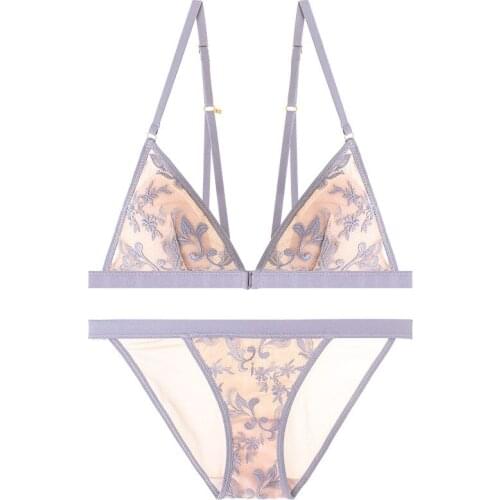 Sexy womens ultra-thin sexy bra triangle cup front buckle beautiful back bra lace breathable comfortable underwear set WT025