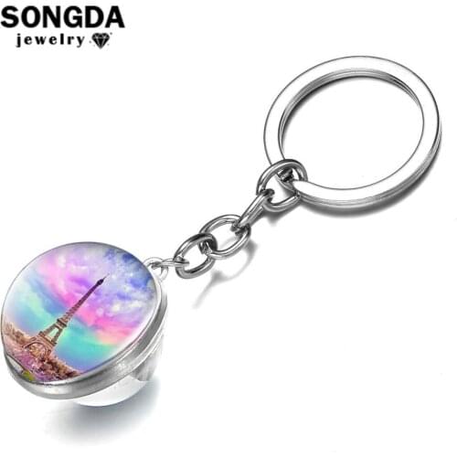 SONGDA Romantic Paris Eiffel Tower Key Chain Art Photo Double Side Glass Ball Pendant Car Keychain Cute Keyring Bag Accessories