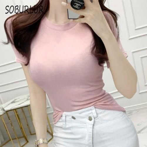 SOBURLUR Casual Sexy Tunics Crop Top Woman Clothing O-neck Womens T-Shirts Short Sleeve BF Korean Style All-match Summer 2021