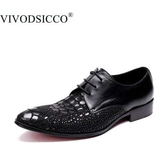 VIVODSICCO New Fashion Men Shine Crocodile Grain Pattern Low Heel Dress Shoes Casual Wedding Formal Flat Breathable Wedge Shoes