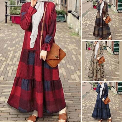 Female Muslim Long Skirt Floral Plaid Print Ruffled High Elasticity Cuffs Retro Casual Long Dress A66