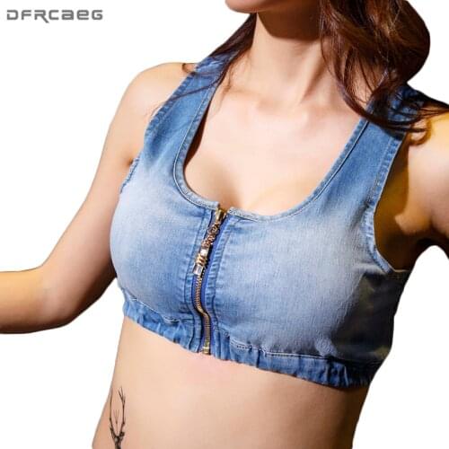 Sexy Strapless Backless Denim Tank Top Women Zipper Spliced Ladies Crop Tops Nightclub Summer Halter Cross Strappy Jean Camis