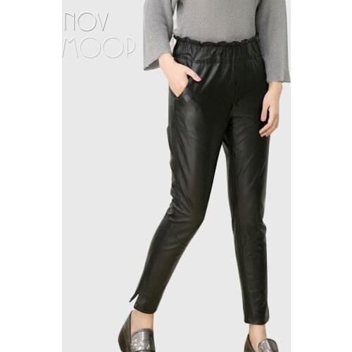 Women black genuine leather real lambskin pencil pants trousers cropped above ankles skinny pantalon femme plus size LT2375