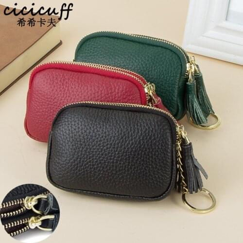 Genuine Leather Women Coin Purse Double Zipper Small Purse Wallet with Keyring Coin Storage Bag Kids Purses Tassel Change Pouch