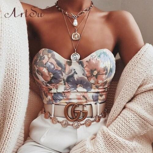 ArtSu Push Up Padded Crop Top Women Backless Floral Print Sexy Bustier Summer Tops Cropped Strapless Tank Top Elastic Corset
