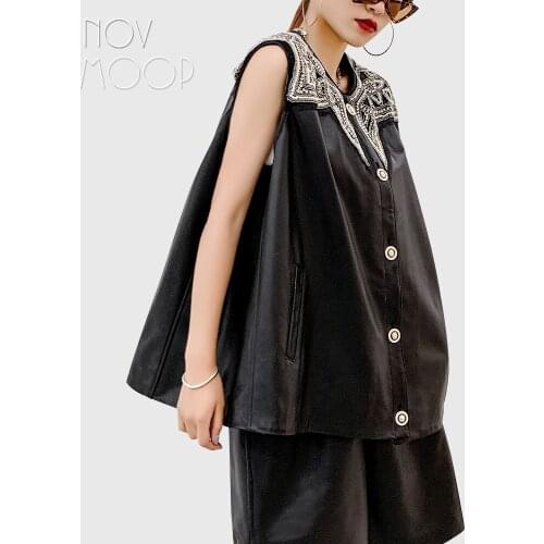 Novmoop genuine leather women sheepskin vest with delicate vintage style luxurious beading decor elegant graded Gilet LT3469