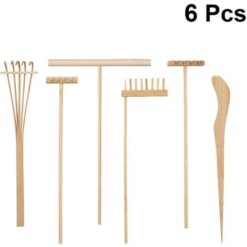 1 Set/6 Pcs Bamboo Rake Gardening Bonsai Potted Tool Mini Tea Set Rake Sand Rock Push Drawing Pen Set Desktop Ornament Accessori