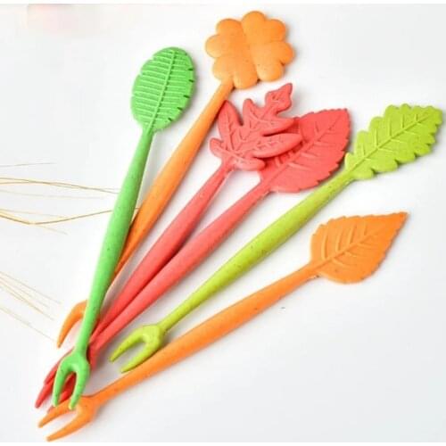 16Pcs/Set Nordic Style Wheat Straw Barrel Leaves Fruit Fork Lunch Cake Dessert Picks Skewers Sandwich Fork Wedding Party Decor