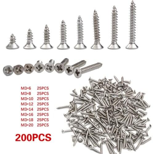 200Pcs Stainless Steel Flat Head Screw Cross Countersunk Head Tapping Screw Assortment Kits M3*6/8/10/12/14/16/18/20