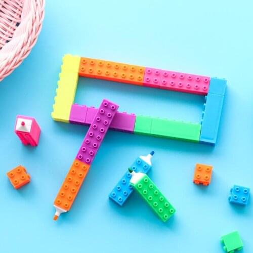 6pcs/lot Kawaii Chiildrens Building Block Graffiti Fluorescent Drawing Pen Students Marker Highlighter Pens Creative Stationery