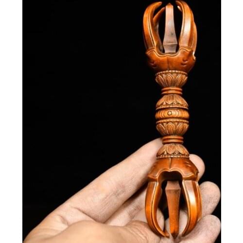 Home Decor 6" Old Boxwood Pure Hand-Carved Multi-stranded instruments Dorje Vajra Phurba Dagger Holder faqi