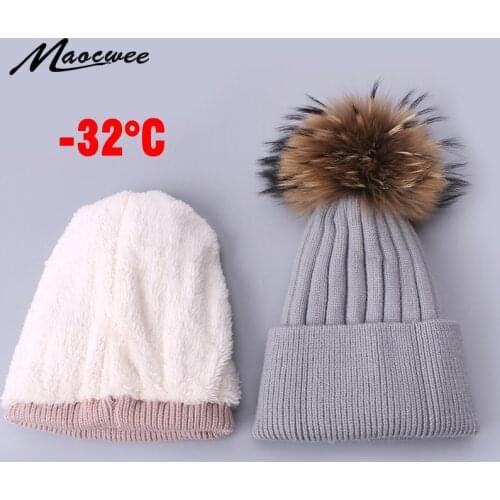 Girls Children Hat Baby Velvet lining Pompon Hats Knitted Skullies Beanies Cap Autumn Winter Warm Solid Color Raccoon Fur