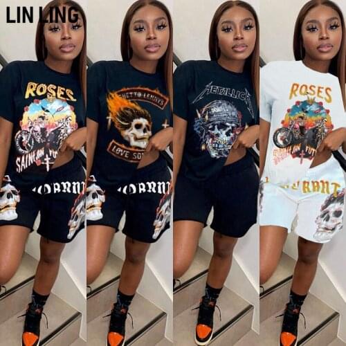 LINLING Popular O-neck Lettered Print Short Sleeve T-shirt with Shorts Vintage Summer Two Piece Set