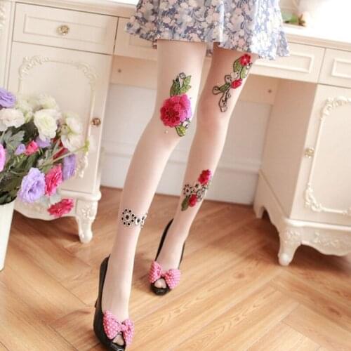 Iurstar New Handmade Embroidery Flower Lace Pearl Embroider Peony Flowers Tights Slimming Thin Tights Anti hook Tights