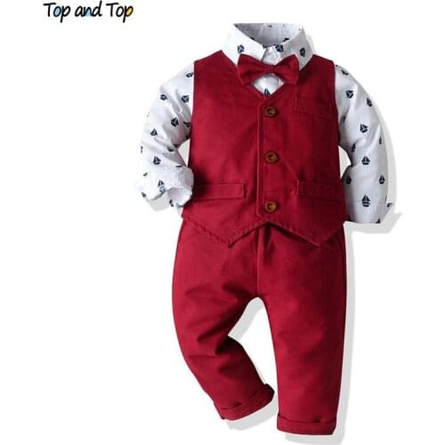 Top and Top Fashion Baby Boy Gentleman Clothing Set Long Sleeve Bowtie Romper Shirt+Vest+Pants 3Pcs Suit Infant Boy Clothes Bebe