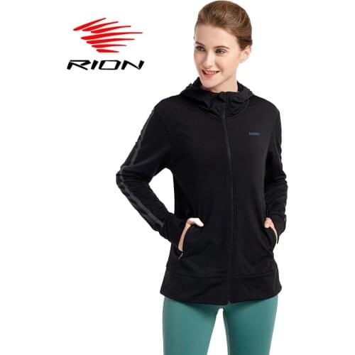 RION Women Running Hooded Jacket Yoga Zipper Long Sleeve Hoodie Workout Fitness Sweatshirt Outdoor Sports Jackets with Pockets