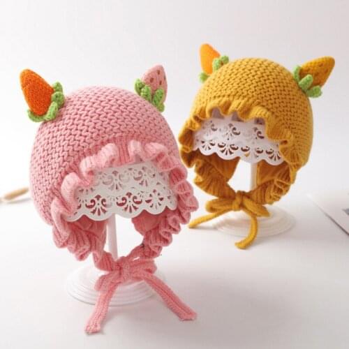 Cute Strawberry Baby Girls Hat Autumn Winter Warm Knitted Hat For Kids Hat Caps Lacing Ear Protection Infant Toddler Beanies