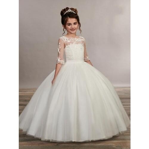 Fashion Flower Girl Dresses Lace Applique Fluffy Tulle Ball Gown For Wedding Pageant Gown First Holy Communion Party Dresses