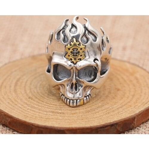 Factory Wholesale S925 Sterling Silver Retro Thai Silver Jewelry Old Personality Flame Skull Domineering Mens Ring