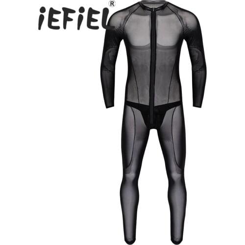 Mens See Through Mesh Lingerie Bodysuit Long Sleeves Leotard Bodysuit Jumpsuit Romper with Faux Leather Thong Briefs Underwear