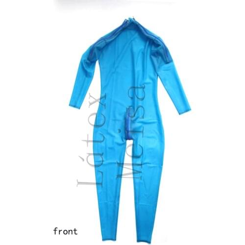 Mens 100% natural 0.3mm heavy latex catsuit rubber tight suit attached shoulders and crotch zippers in transparent blue color