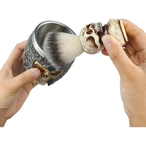 Professional Barber 2in1 Artistic Souvenir Skull Ornament Beard Cleaning Tool Foaming Soap Bowl And Shaving Brush Sets