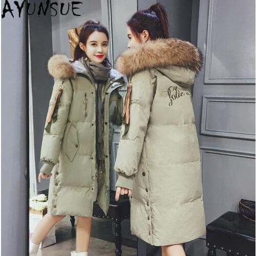 AYUNSUE Female Winter Warm Coat 2021 Natural Raccoon Fur Collar Parkas Hooded black Jacket Women Casaco Feminino Inverno Gxy60