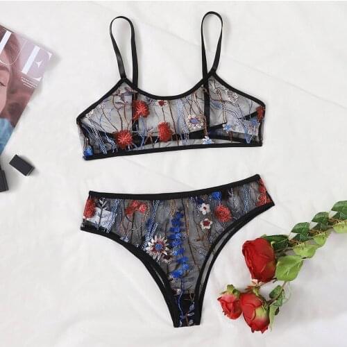 Sexy Lingerie Women Underwear Set Mesh See-through Floral Embroidery Bra Set Ladies Temptation Seamless Bra and Brief Sets 2Pcs