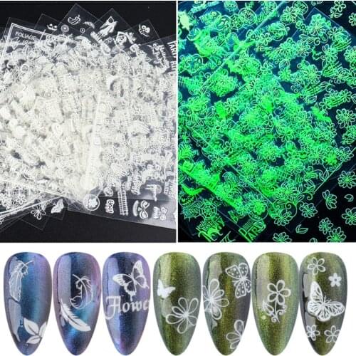 Luminous Effect Nail Art Sticker 3D Leaf Flower Design Hallowee Christmas Shinning Glow In The Dark Manicures Decoration Tips