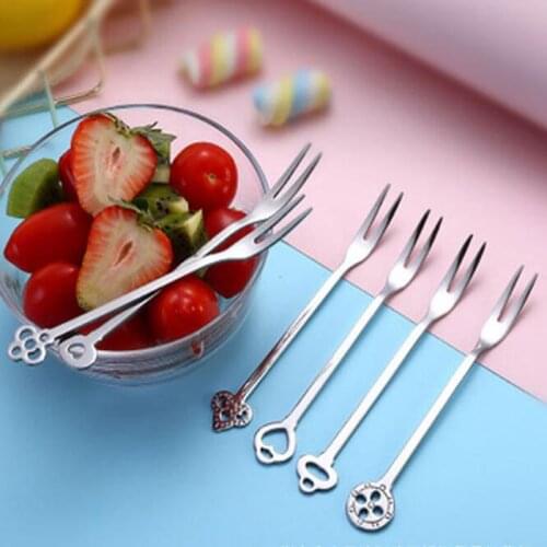 60 Pcs/lot Creative Reusable Two Teeth Fork Stainless Steel Fruit Fork Watermelon Spoon Dessert Fork Western Fork