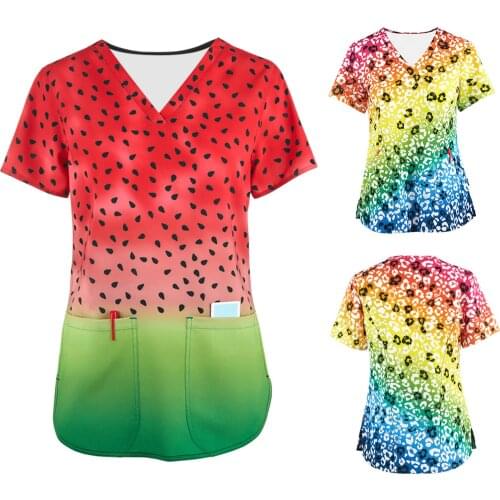 2021 Women Short Sleeve Care Work Tops Summer Plus Size V-neck Tops Working Nurse Uniform Cartoon Print Ladies Blouse Scrub Tops