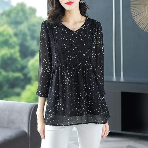 Womens Spring Summer Style Chiffon Blouses Shirt Womens Printed V-Neck Ruffles Nine Quarter Sleeve Korean Loose Tops DD9005
