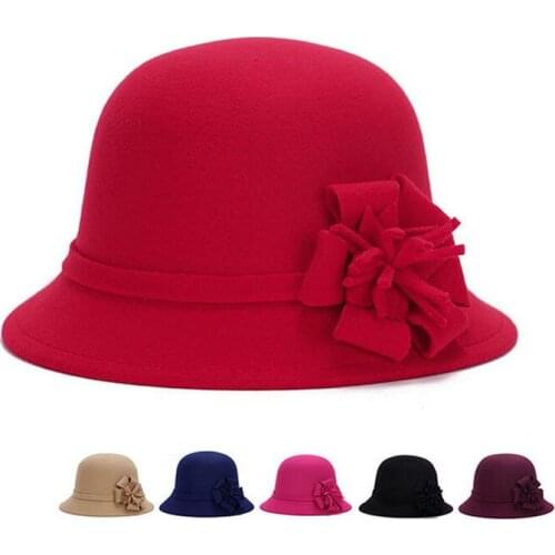 Hot Vogue Ladies Women Vintage Imitation Wool Rose Flower Felt Fedora Hat Autumn Winter Cloche Bucket Cap Dome 6 Color