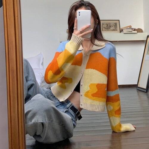 Retro sunset oil painting knit sweater autumn new womens thin lapel long-sleeved thin cardigan slim top