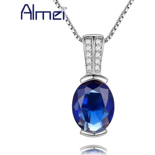 Almei 40% Off Blue Necklace Women 925 Sterling Silver Statement Necklaces & Pendants Oval Zirconia Jewelry Chain With Box LN004
