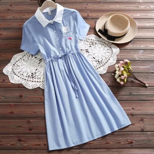 Mori girl embroided cat dress new summer fashion short sleeve casual plaid dress japan style lady vestidos