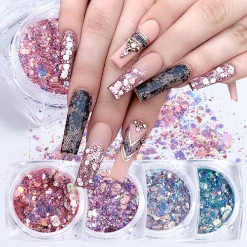 1Box Iridescent Mermaid Nail Art Glitter Flakes Mixed Hexagon Sequins Shining Chrome Powder Flake Decoration Tools LAXKP01-12-1