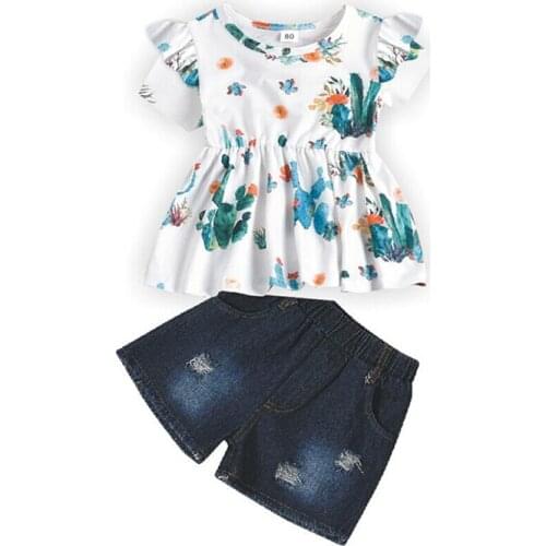 2021 Kids Girls Clothes Cactus Print A-line Version Ruffle Decoration Short Sleeves Shirt+ Shorts Summer Clothing Outfits Sets