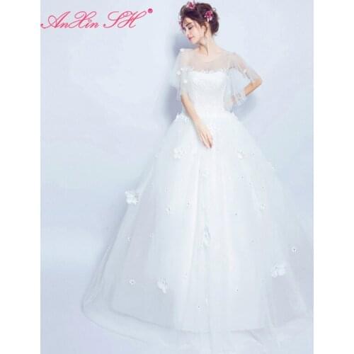 AXJFU Ultra thin arm cover lace flower white wedding dress vintage princess brides perspective ruffles wedding dress 607