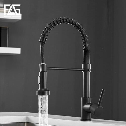 FLG Kitchen Faucets Black Brass Faucets for Kitchen Sink Single Lever Pull Out Spring Spout Mixers Tap Hot Cold Water Crane 189